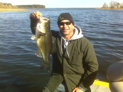 Customer Kip Delavega, of Alexandria, LA, with the catch of the day. The Toledo lunker hit a wacky rig in Housen Bay